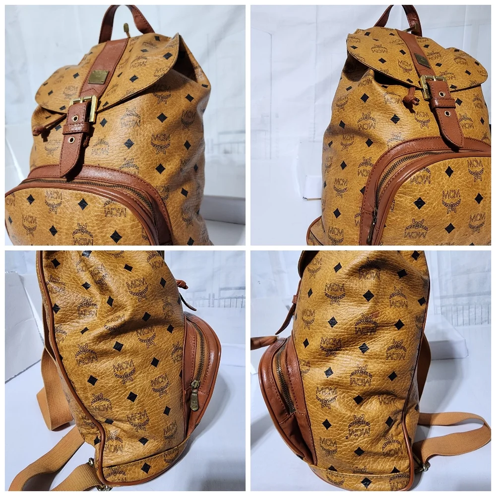 MCM Vintage Logo Print Coated Canvas Backpack Cognac